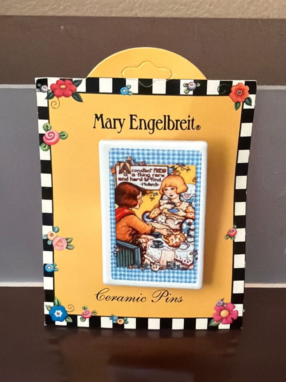 Vintage Mary Engelbreit Ceramic Pin Brooch Plautus Quote NOS